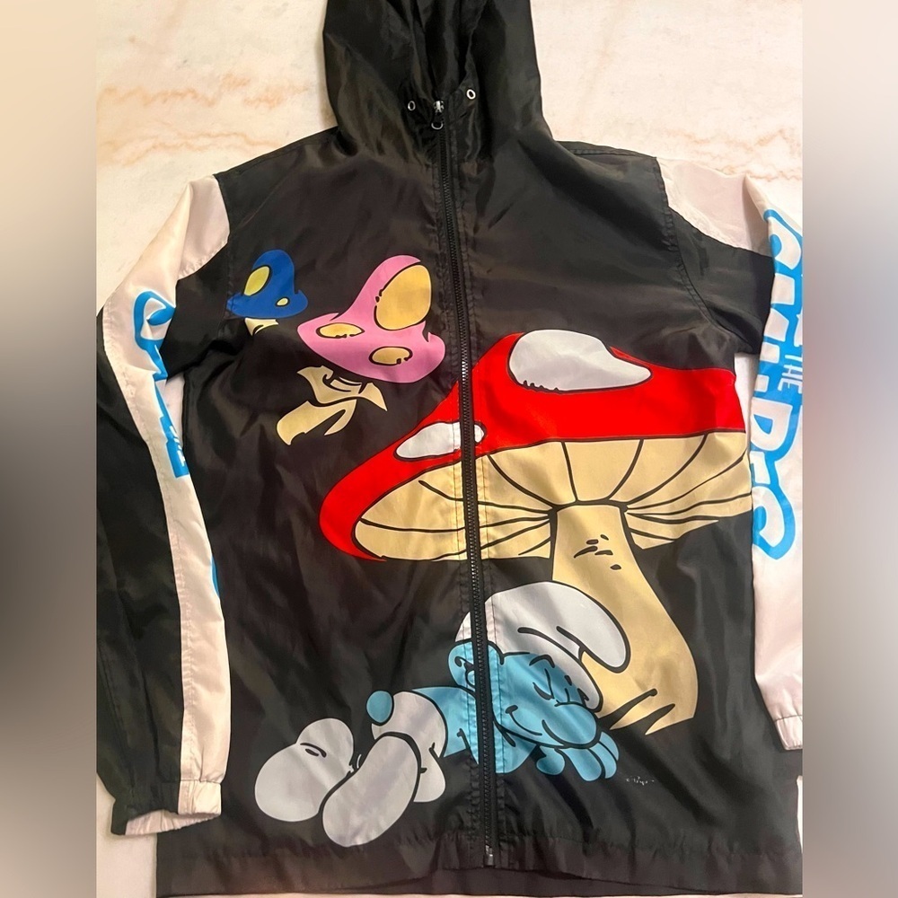 Smurf Black Graphic Print Windbreaker Jacket Light Weight Size Small